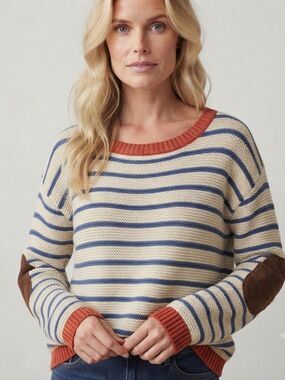 Lemon Tart Womens Striped Pullover Cotton Sweater Faux Suede Elbow Patches XL